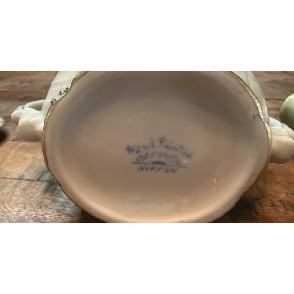 Antique Nippon Hand Painted Porcelain Cabbage Rose Cream and Sugar Set Gold Trim
